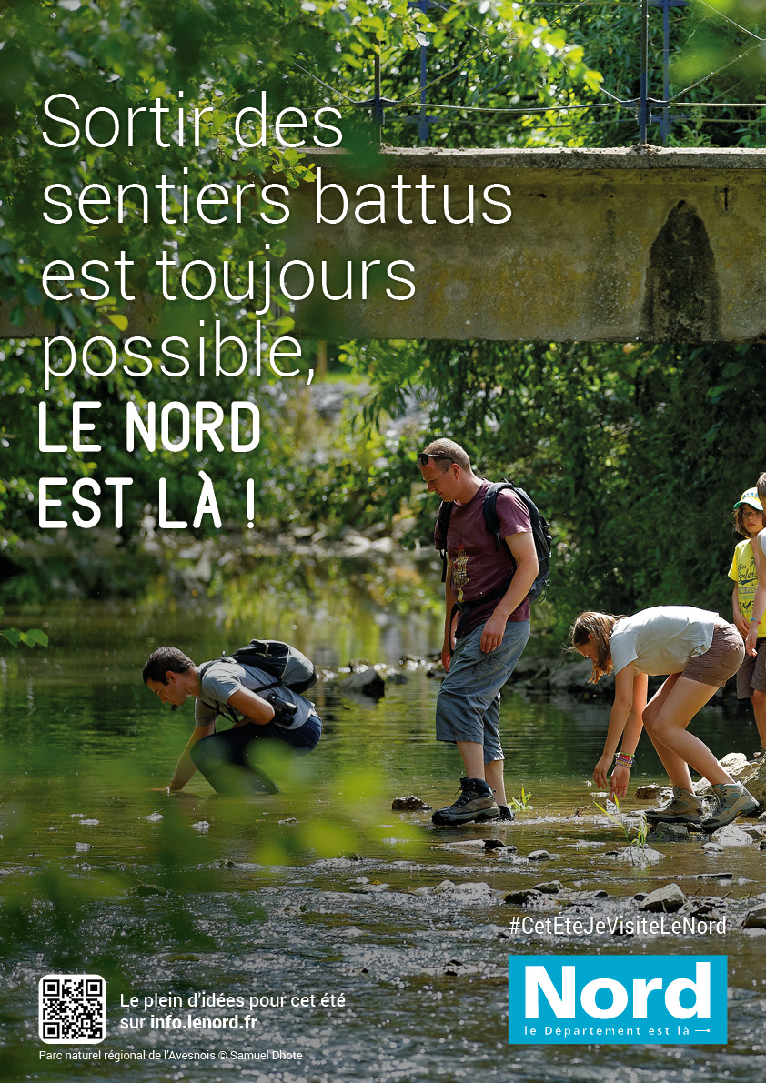 tourisme dans le Nord. parc naturel de l'avesnois, personnes jouant au bord d'un cours d'eau
